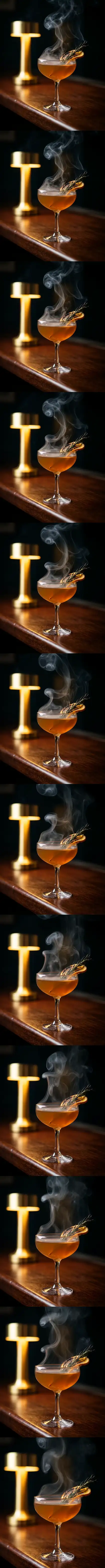 Coctel ahumado en copa coupe sobre la barra, con el humo del romero quemado subiendo despacio